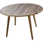 Natural rounded solid wood dining table with smooth finish on a patio