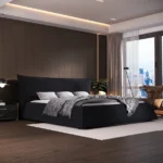 Goldoma convertible queen platform bed with velvet headboard in black modern bedroom setting
