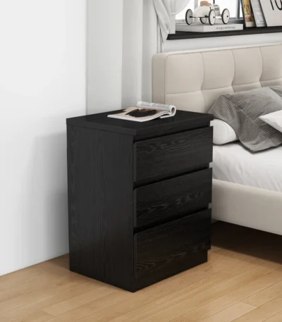Black nightstand with drawers - minimalist handle-free design with three drawers for bedroom storage - Goldoma