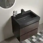 Goldoma Homein 24 in walnut black bathroom vanity with sink, angled view highlighting the floating cabinet design and