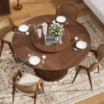 55-inch round dining table with lazy susan and double-tiered storage shelf in walnut finish