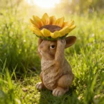Close-up of rabbit figurine's sunflower hat and painted details, ceramic-like finish.