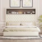Goldoma velvet tufted queen bed frame with 52-inch lighted headboard and built-in USB charging port in a modern bedroom setting