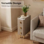 Beige leather narrow nightstand with drawers and stone top, perfect as a small bedside table