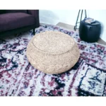 Goldoma 20-inch beige cotton round geometric pouf ottoman with storage