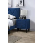 Navy blue velvet nightstand with two drawers and tempered legs, a modern bedroom furniture piece
