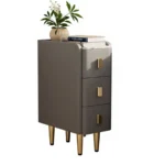 Beige leather narrow nightstand with drawers and stone top, perfect as a small bedside table