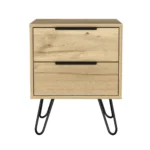 Minimalist two-drawer nightstand in light oak with black hairpin legs, perfect for bedroom storage