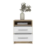 Goldoma Cartiz nightstand with two drawers in white and light oak finish beside a bed, minimalist bedroom storage
