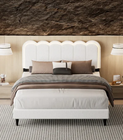 Goldoma modern upholstered full size bed with PU leather headboard in a stylish bedroom setting