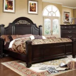 Goldoma Eastern King Size solid wood bed with dark walnut finish and formal floral carved headboard