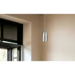 Close-up of the pendant lamp's warm white shade and Murano glass studs, showing textured glass details.