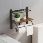 Tissue Holder Rustic Brown Wooden Wall-Mounted Double Toilet Paper Roll Holder Bathrooms Organiser with Storage Racks