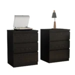 Black nightstand with 3 drawers set of 2 - handle-free design, thickened top plate, small side table for bedroom storage
