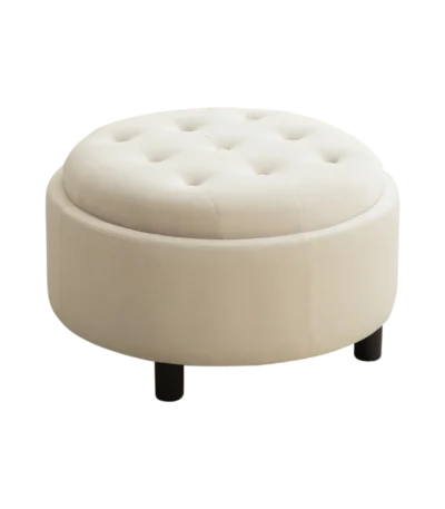 Goldoma 29-inch round fleece storage ottoman with reversible lid in a modern living room setting