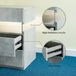 Gray 3 drawer nightstand with LED lighting and acrylic board top in a modern bedroom