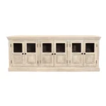 HMS 93 Midcentury Modern Sideboard White Distressed Mango Wood with Six Glass Doors for Home Bar Furniture