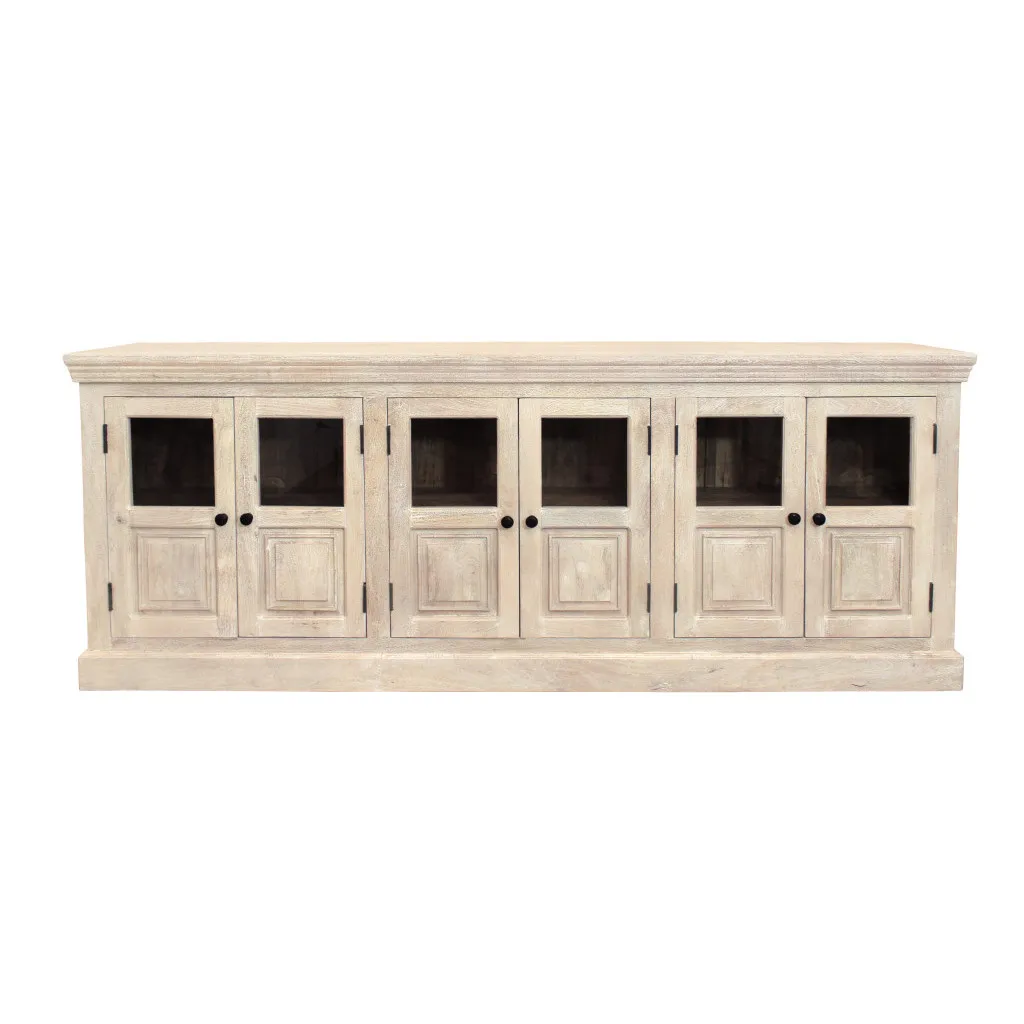 H78d5e95979a044b2bd1a47577de87a95E.webp HMS 93 Midcentury Modern Sideboard White Distressed Mango Wood with Six Glass Doors for Home Bar Furniture - Image 1
