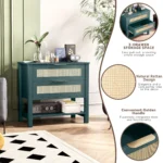 Rattan nightstand with 2 drawers and storage shelf in green finish, bohemian bedside table for bedroom