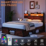 Goldoma queen bed frame with storage headboard, charging station, and LED lights in a modern bedroom setting