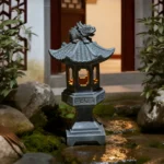 Solar pagoda lantern glowing in a garden at dusk, surrounded by flowers