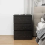 Black nightstand with drawers - minimalist handle-free design with three drawers for bedroom storage - Goldoma