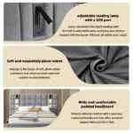 Goldoma California king upholstered bed frame with USB ports and wall sconces in gray velvet