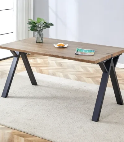 63 inch wood-textured MDF dining table with black A-frame legs in modern dining room setting