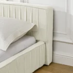 Modern upholstered queen bed frame with chenille fabric pleated headboard in neutral color - Goldoma queen bed frame