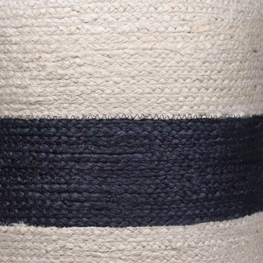 Goldoma 18" Off-White and Navy Blue Jute Blend Cylinder Ottoman Pouf