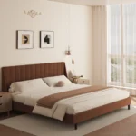 Goldoma creamy velvet storage bed with built-in drawers, plush upholstery, and wood frame in a modern bedroom setting