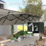 Gray cantilever offset patio umbrella providing shade over outdoor dining set