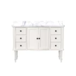 Full view of the 60 inch white double sink vanity cabinet, floor standing, with ample storage space.