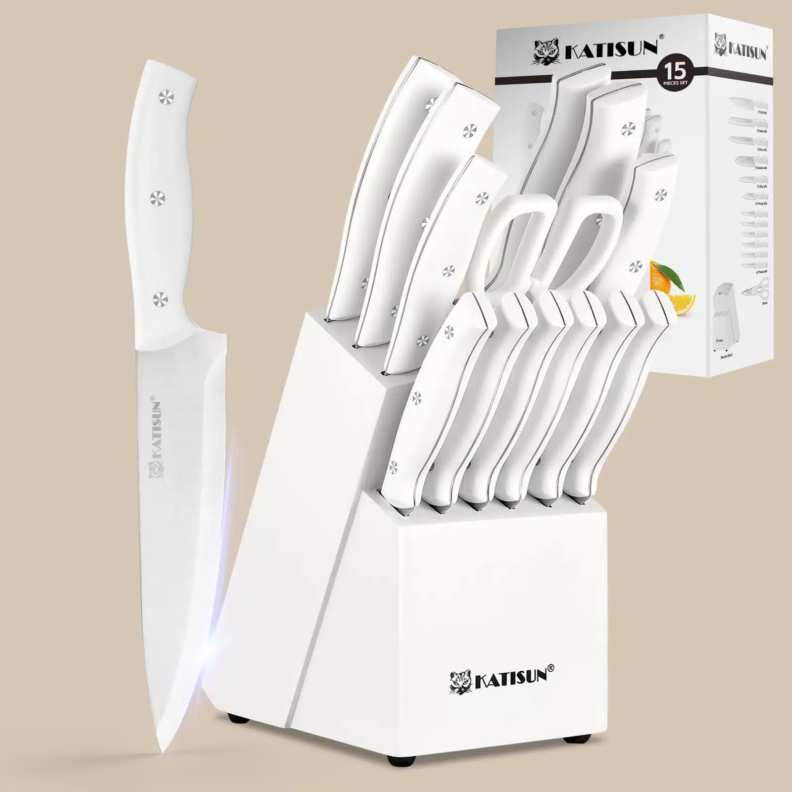 White 15 Pieces Carbon Steel Kitchen Knife Set with Knife Holder Inner Sharpener Kitchen Scissors