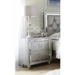 Chloe Gemstone silver mirrored nightstand with ring pulls and two drawers in a bedroom