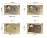 Gold weave placemats on a dining table with plates and cutlery