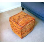 Orange cube pouf ottoman made from recycled silk and cotton blend, perfect as a footrest or accent seat