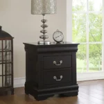 Goldoma black 2-drawer nightstand with silver handles in a classic bedroom setting