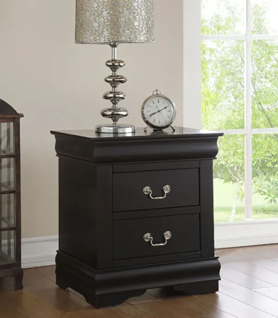 Goldoma black 2-drawer nightstand with silver handles in a classic bedroom setting