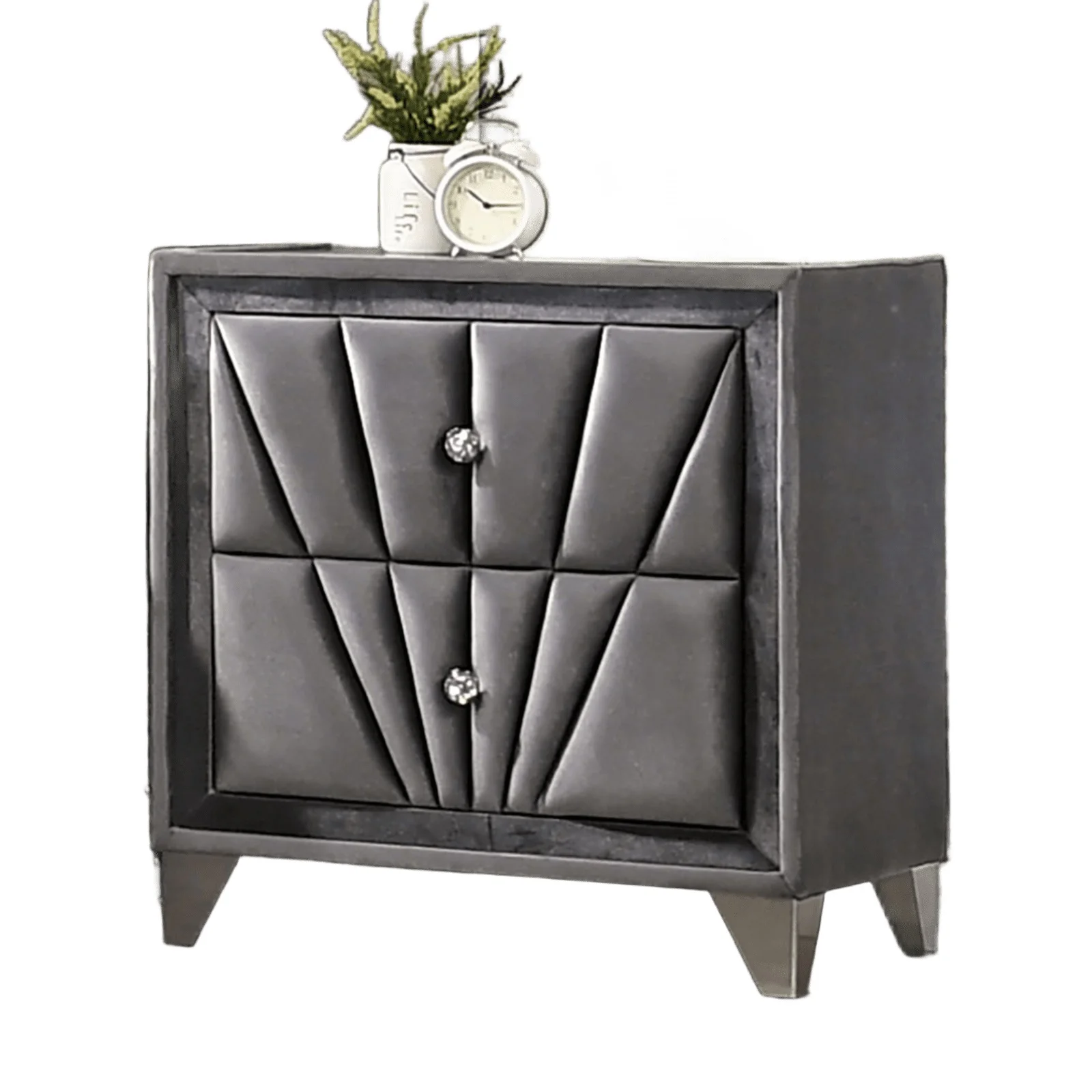 Fully Upholstered Fabric Nightstand with Acrylic Knobs and Glass Top