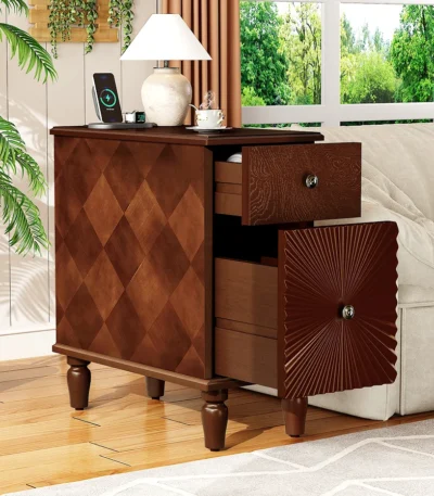 2-drawer adjustable narrow nightstand with wood top in a modern bedroom setting