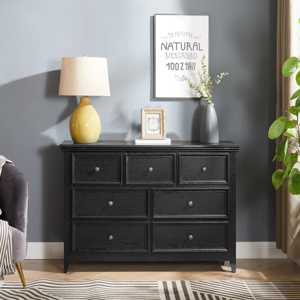 H7b29624cf6694445abb2652685fba701Q.webp Goldoma 7 drawer dresser black MDF modern chest with spacious storage