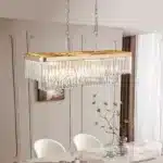 Wide shot of the rectangular crystal chandelier as a focal point in a living area, with iron finish and sparkling