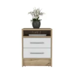 White and light oak nightstand with two drawers and stainless steel handles for bedroom storage