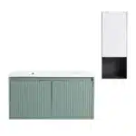White and green bathroom vanity with drop-shaped basin, two soft-close doors, floating on light wall.