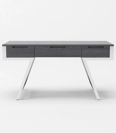 HMS 63 Gray Silver Wooden Writing Desk with Three Drawers Portable Foldable Computer Table with Shelf for Office Use in