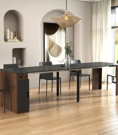 Modern L-shape dining table with built-in outlets and extendable top in a contemporary dining room setting