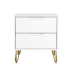 White nightstand with gold hairpin legs featuring two storage drawers in a modern bedroom setting