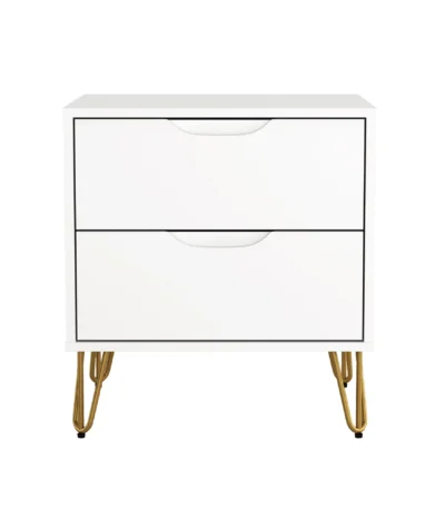 White nightstand with gold hairpin legs featuring two storage drawers in a modern bedroom setting