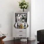 Wooden Corner bar Cabinet with 2 Open Storage Shelves and 2 Drawers Mirrored Back Sideboard Cabinet High Feet Legs - Image 14